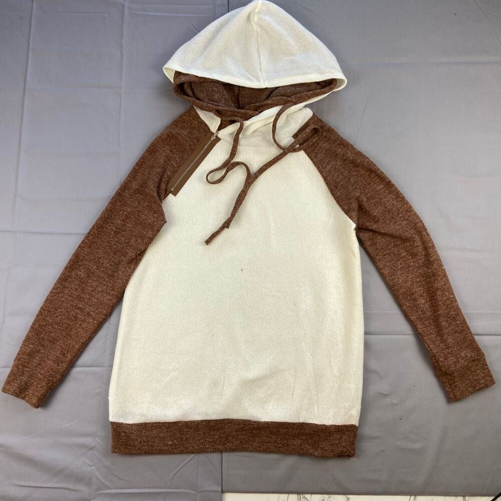 White Birch Women's Medium Brown Ivory Textured Knit Hooded Pullover Hoodie 95